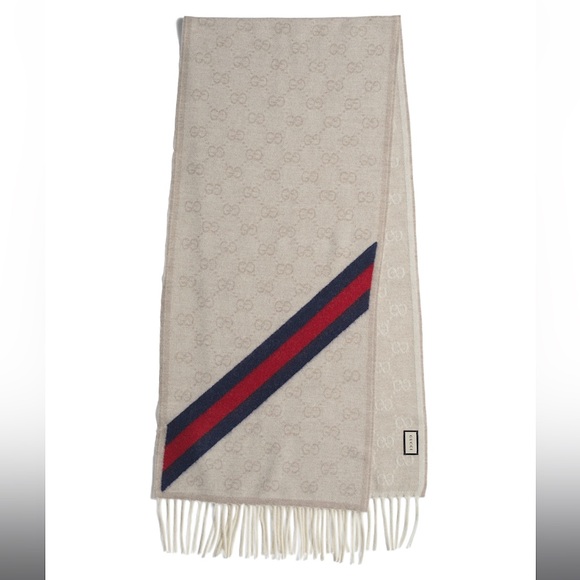 New! GUCCI LOGO JACQUARD FRINGED WOOL SCARF in Nude Sandy Beige - Picture 2 of 3